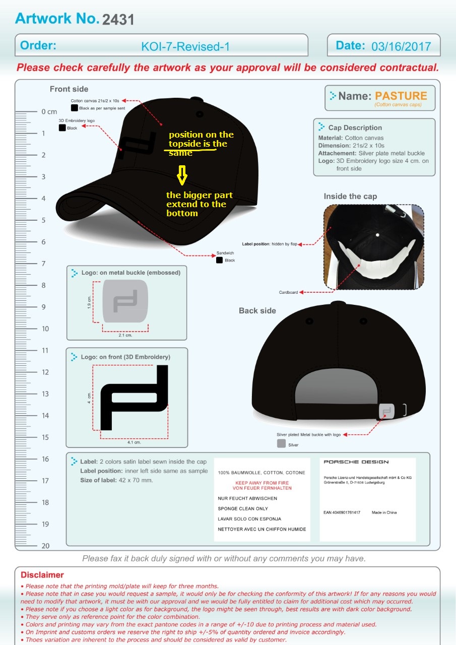 Product specification sheet for a cap development project